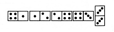 Doublets—a piece with the same number of pips on each end—are played at right angles to the line of play Both sides of it count toward any possible score. The doublet on the right has a value of six, so the player scores six plus four, or 10 points.